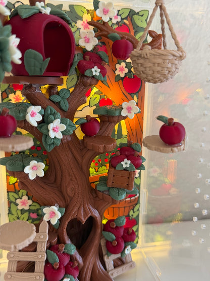 Cobbler's Orchard apple tree climbing platforms and blossom details with backlighting